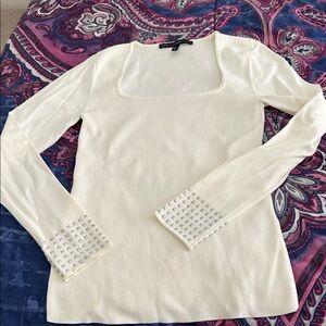 White House Black Market Cream Long Sleeve Top with Embellished Cuffs